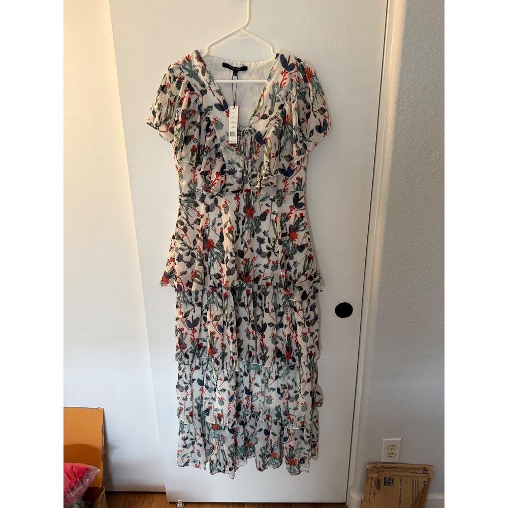 Walter Baker Sandra Dress Cactus Bloom Floral Tiered Maxi Ruffle V-Neck NWT 8